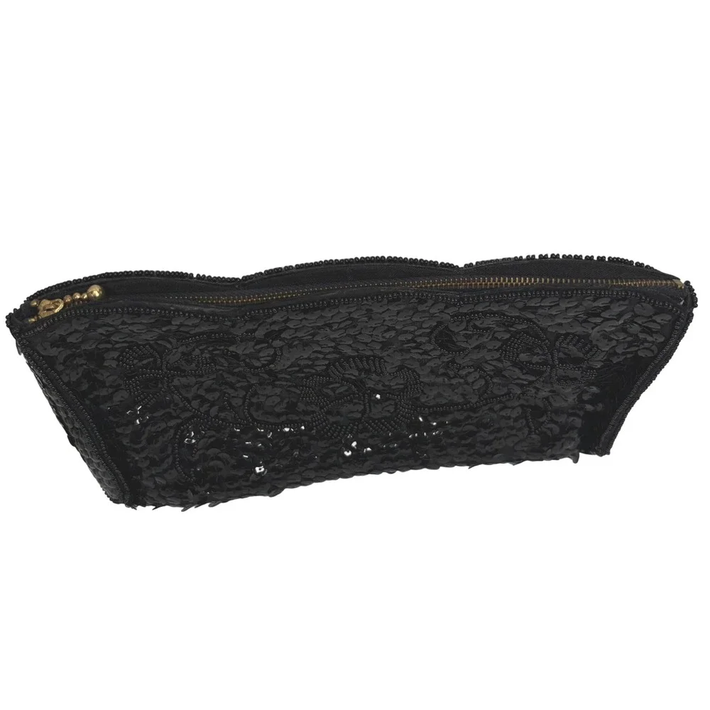 Vintage Women Cosmetic Bag Pouch Sequin Beaded Scalloped Edge Black Gatsby Glam